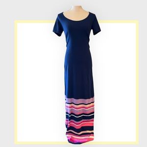 NEW.  Trina Turk short sleeve knit maxi.  Dark blue with colorful stripes.